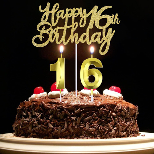 1 PCS Gold Happy 16th Birthday Cake Topper + 16th Birthday Candles, 16 Cake Topper Gold Number 16 Candles, Happy 16th Birthday Cake Decorations for 16th Birthday Party Decoration (16)
