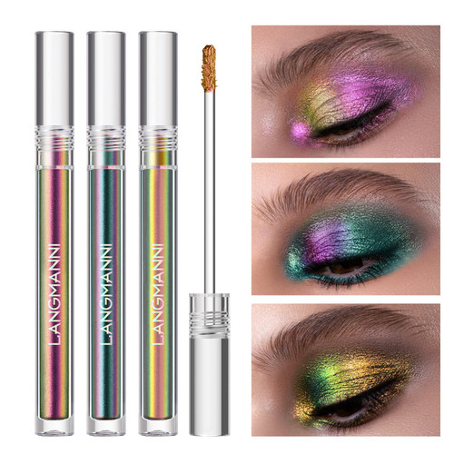 Liquid Glitter Eyeshadow, 3 Colors Multichrome Metallic Liquid Glitter Chameleon Eyeshadow Kit, Quick Drying Long Lasting High Holographic Sparkling Multi-Dimensional Eyeshadow Makeup Set for Women