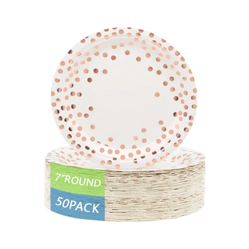 Disposable Paper Plates Round Rose Gold Dots 50 x 7" Plates?Rose Gold Plates Foil Polka Dots Paper Plates Party Supplies for All Occasions 50 PCS