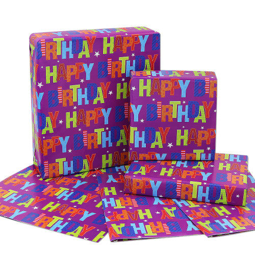 Happy Birthday Wrapping Paper For Kids Girls Boys Women Men, Purple Birthday Gift Wrapping Paper, Wrapping Paper Birthday 6 Sheets Folded Flat 20x28 Inches per Sheet