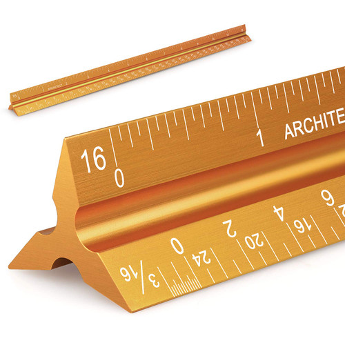12" Architectural Scale Ruler Aluminum Architect Scale Triangular Scale Ruler for Architects, Draftsman, Students and Engineers, Golden