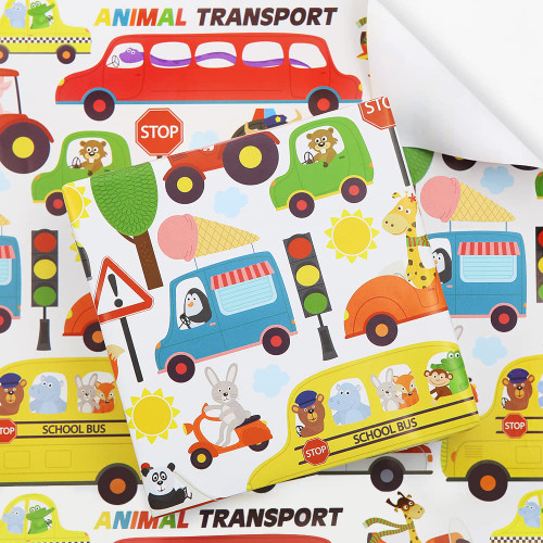 Birthday Wrapping Paper For Kids Girls Boys, Animal Transport Design Gift Wrap Paper for Birthday Baby Shower, Police Car Ambulance School Bus Cute Cartoon Animals 4 Sheets Folded Flat 20x28 Inches Per Sheet