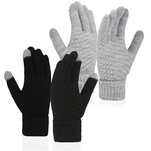 meioro 2 Pairs Women's Winter Gloves Touchscreen Warm Wool Knit Lining Glove,Touch Screen Elastic Cuff Texting Thermal Gloves (Black,Gray, 2 Pairs)