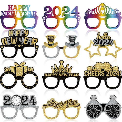 12Pcs New Years Glasses, Fancy Glitter Happy New Year Glasses, Nye Glasses for New Years Decorations 2024, Colorful New Years Eve Party Supplies Happy New Year Glasses 2024 for New Year Eve Party