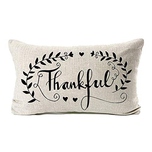 MFGNEH Home Decor Thankful with Leaves Cotton Linen Pillow Covers 12x20,Thanksgiving Day Gifts Throw Pillow Case Cushion Cover,Thanksgiving Decorations