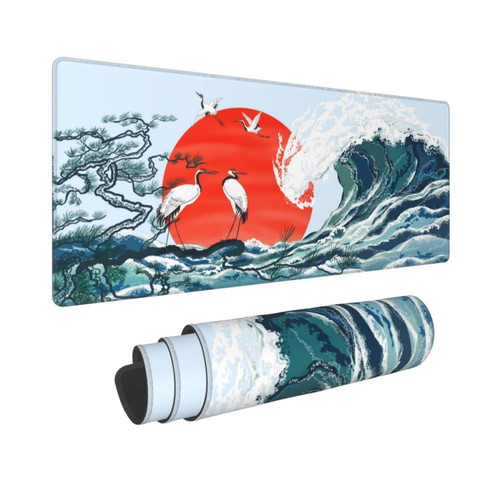 Japanese Sea Wave Large Mouse Pad 31.5 X 11.8 Inch,Gaming Mouse Pad Anime Mouse Mat Desk Pad, Extended Stitched Non-Slip Rubber Edges Mousepad for Work/Game/Office