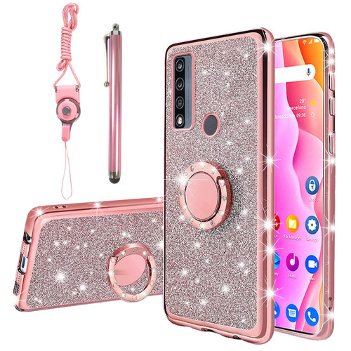 KuDiNi for TCL 4X 5G Phone Case, TCL 20A 5G (T768S) Case for Women Glitter Crystal Soft Stylish Clear TPU Luxury Bling Cute Protective Cover with Kickstand Strap for TCL 4X 5G (T601DL) (Glitter Rose)