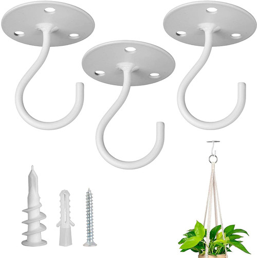 Ceiling Hooks for Hanging Plants - Metal Heavy Duty Wall Mounted Hangers for Hanging Bird Feeders, Planters, Wind Chimes, Include Professional Drywall Anchors (3-Pack (White)