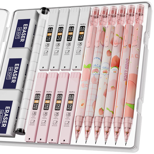 Nicpro 6PCS Mechanical Pencil Set for Girl, Cute Mechanical Pencils 0.5mm with 8 Tube HB Lead Refill, 3PCS Eraser and 12PCS Eraser Refill for Student Writing Drafing, Drawing, Sketching-with Cute Case