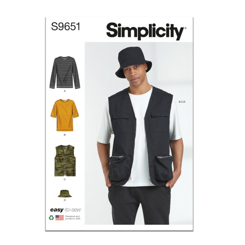 Simplicity Men's Knit Top, Vest and Hat Sewing Pattern Kit, Code S9651, Sizes 44-46-48-50-52, Multicolor