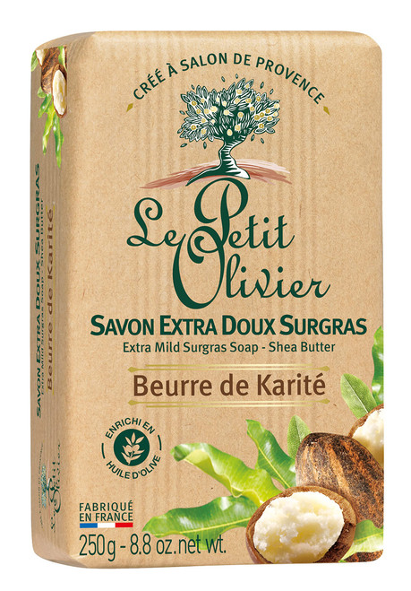 Le Petit Olivier Extra Mild Surgras Soap - Shea Butter - Gently Cleanses Skin - Delicately Perfumed - Moisturizing And Softening - Vegetable-Based - Eco-Friendly Packaging - Paraben Free - 8.8 Oz