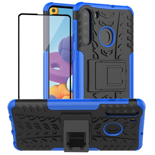 for Samsung A21 Phone Case, Galaxy A21 Phone Case with Screen Protector, Shockproof Silicone Protective with Kickstand Hard Phone Cover for Samsung Galaxy A21 (Blue)