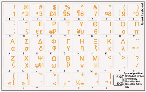 4Keyboard Greek Keyboard Stickers with Orange Lettering ON Transparent Background