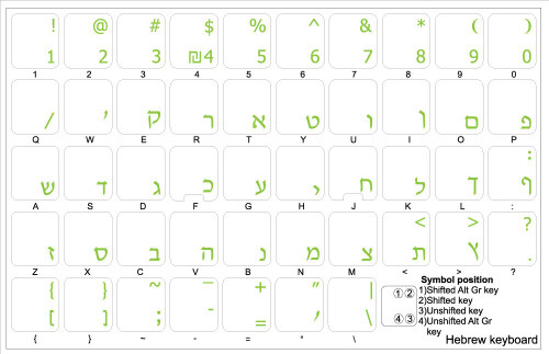 4Keyboard Hebrew New Keyboard Stickers with Green Lettering ON Transparent Background