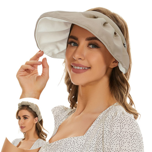 Sun Visors for Women UV Protection Wide Brim Beach Hats Foldable Summer Packable Shell Hat Roll-up Headband Khaki&Beige
