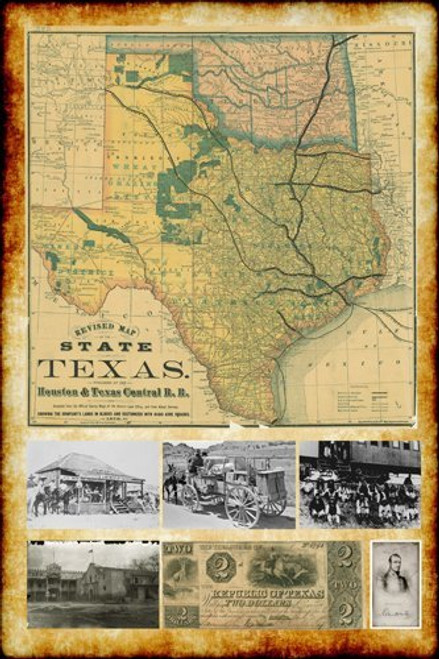 1876 REPUBLIC OF TEXAS MAP with VINTAGE PICTURES poster 24X36 HISTORIC rare