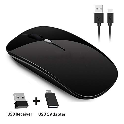 Picktech Q5 Slim Rechargeable Wireless Mouse, 2.4G Portable Optical Silent Ultra Thin Wireless Computer Mouse with USB Receiver and Type C Adapter, Compatible with PC, Laptop, Notebook, Desktop Black
