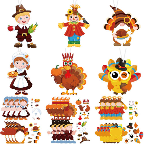 Sumind 24 Pcs Thanksgiving Craft Kit Fall Craft for Kids Pilgrim Couple Turkey Craft Autumn DIY Owl Cutouts Paper Gnome Ornaments Decorations for Thanksgiving Holiday Party Favors