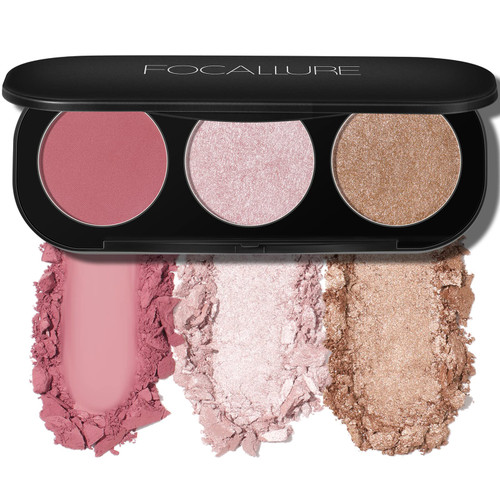 FOCALLURE Blush and Highlighter Palette,3 in 1 Makeup Powder, Cruelty-Free Matte, Shimmer Illuminator for a Glowing Look,#03