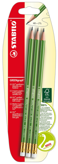 Eco-Friendly Graphite Pencil with Eraser - STABILO GREENgraph - Pack of 3 - HB