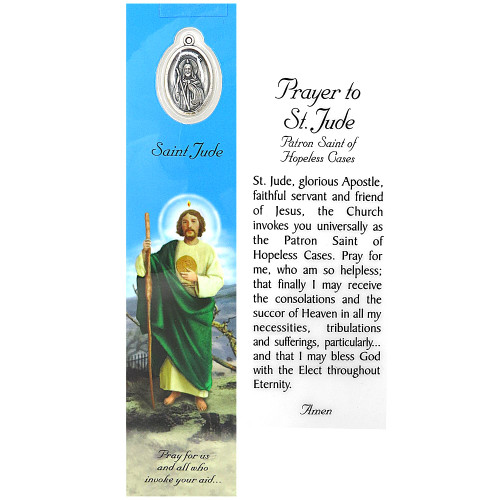 Saint Jude Religious Bookmark for Bible, Prayer and Reading Books with Medal, Traditional Catholic Artwork with Silver Tone Pendant, Laminated Prayer to Mother of Perpetual Help on Back, 7 3/8 Inches