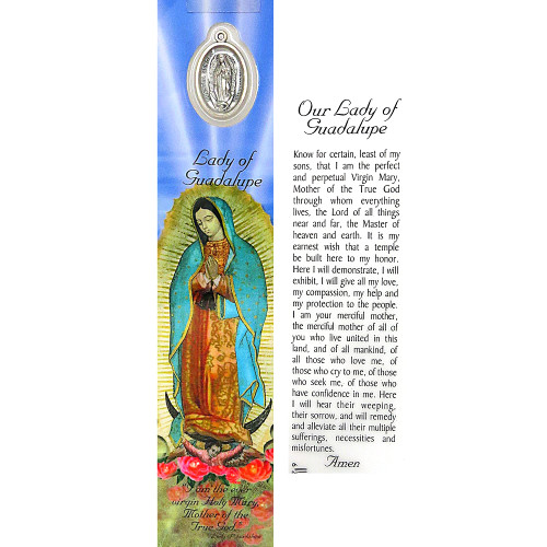 Our Lady of Guadalupe Religious Bookmark and Medal, Traditional Catholic Bible Marker with Prayer on Back and Silver Tone Pendant, 7 3/8 inches