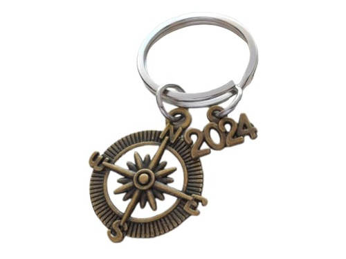 Custom Graduation Bronze Compass Charm Keychain with 2023 or 2024 Charm, Class of 2023 or 2024 Personalized Graduate Keychain, Gift for Graduate