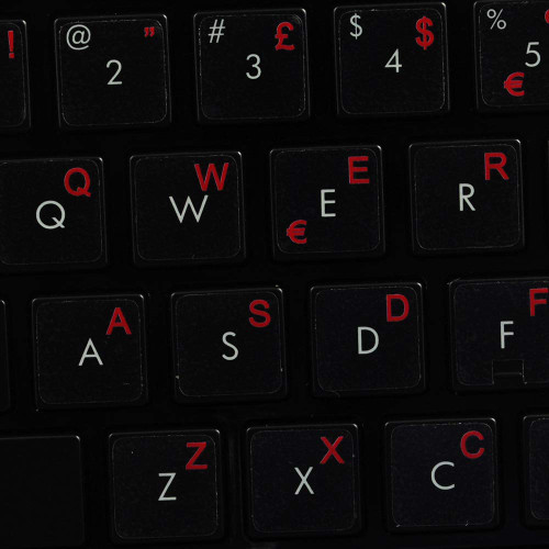 Italian Keyboard Labels Layout ON Transparent Background with Blue, Orange, RED, White OR Yellow Lettering (14X14) (Red)