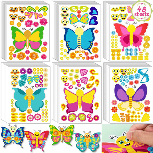 48 Pcs Butterflies Stickers for Crafts - Make Your Own Butterfly Stickers, Make a Face Stickers for Kids DIY Arts Projects Scrapbooking Summer Handmade Artwork Party Games (6 Designs)