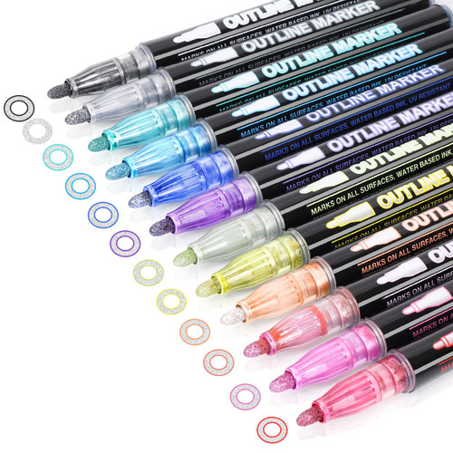 SCQAIZRX Super Squiggles Outline Marker Set: 12 Colors Metallic Shimmer Marker Pens, Double Line Self-Outline Glitter Writing Drawing Pens for Christmas Greeting Birthday Card Making,DIY Art Craft