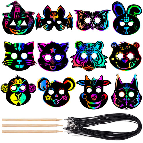Halloween Mask Craft Kit for Kids, DIY Rainbow Scratch Art Masks with 12 Elastic Bands and 3 Wood Stylus, Halloween Scratch Paper Animal Masks for Birthday and Video Rave Party