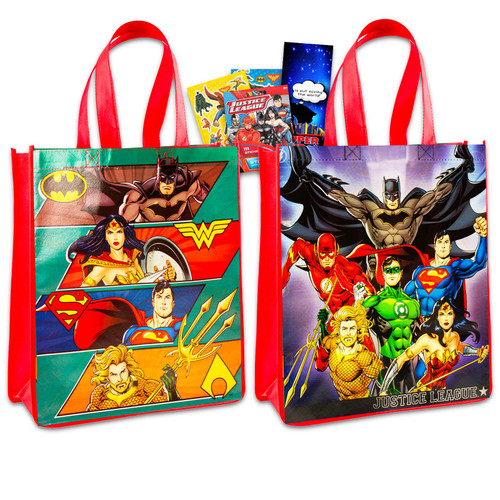 Justice League Tote Bags for Kids, Adults - 2 Pc Bundle with Justice League Tote Bags Featuring Batman, Superman, Wonder Woman, and More Plus Stickers, More | Justice League Gifts