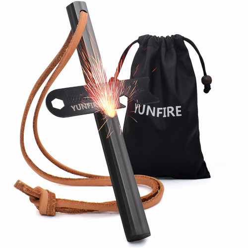 Fire Starter 5" x 1/2", Ferro Rod with 6 Wide Striking Surfaces, Thick Fire Steel 25,000+ Strikes, Waterproof Flint Fire Steel, Multi-Tool Striker & Paracord for Emergency Survival, Camping (Leather)