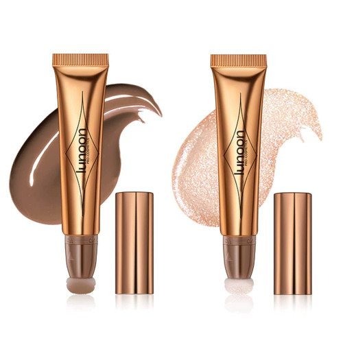 Contour Beauty Wand Highlighter 2 Pack, Matte Liquid Face Concealer Contouring & Highlighter with Cushion Applicator, Natural Silky Smooth Creamy Stick Attached Easy to Blend, Long Lasting & Natural Finish Makeup Stick (01# Contour & 04# Highlight)