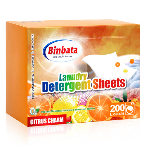 Binbata Laundry Detergent Sheets, 200 Loads Citrus Charm Scent Hypoallergenic Eco-Friendly Laundry Sheets, Biodegradable Plastic Free Liquidless Laundry Sheets Detergent Suitable for Sensitive Skin