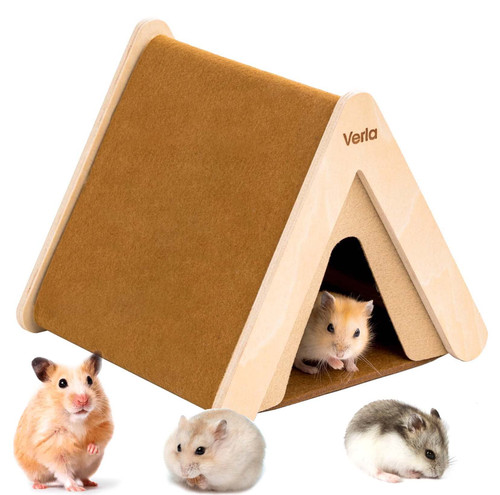 Hamster Hideout Clearance, 2-in-1 Hamster Accessories Climbing Toy Wooden House Habitat Cage Decor Warm Bed for Dwarf Syrian Hamsters Gerbils Mice, Cute Tent Shape Stable Hut