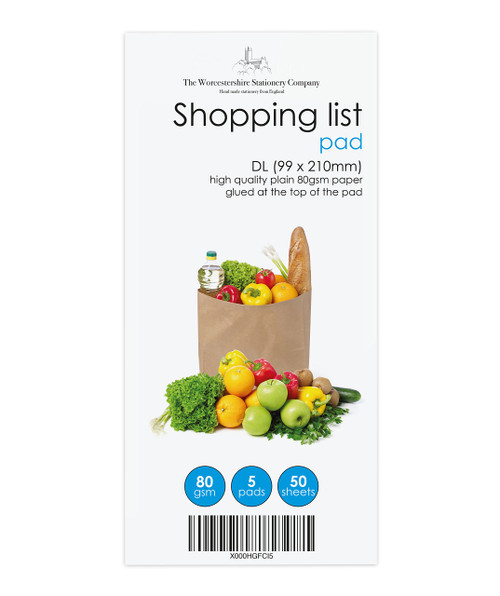The Worcestershire Stationery Company Shopping list note pad, pack of 5, 50 sheets per pad, 80gsm, Zero plastic packaging