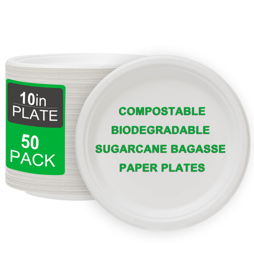 Paper Plates 10 Inch [50 Count], 100% Compostable Disposable Plates Heavy Duty, Made of Bagasse Biodegradable Eco-Friendly Paper Plates Bulk for Party, Wedding, Dinner, BBQ (White)