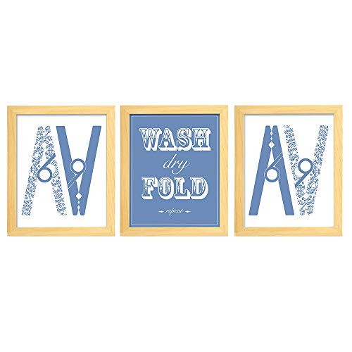 Ihopes Laundry Room Decor Wall Art Prints | Set of Three 8x10 Unframed | Laundry Room Sign Wash Dry Fold Repeat Clothespin| Perfect for Laundry Room Home Decor