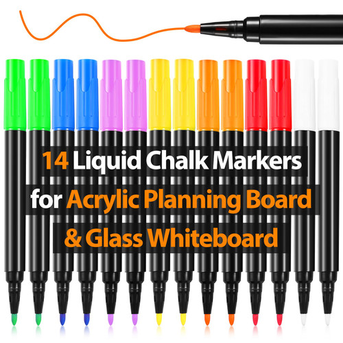 Liquid Chalk Markers for Acrylic Fridge Calendar Planning Board Clear Glass Dry Erase Board Refrigerator Whiteboard for Window/Mirror, 14 Pack, 7 Vibrant Colors, 1mm Fine Points, Easy Wet Erase