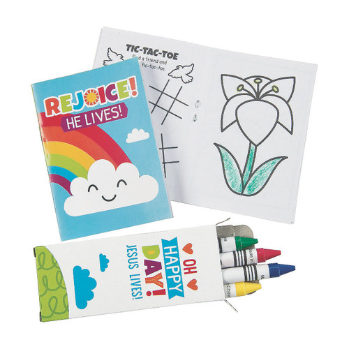Fun Express He Lives Mini Activity Book Plus Caryons Sets for Easter - 12 Activity Books and 12 Crayon Boxes - Religious Easter Gifts and Sunday School Activities