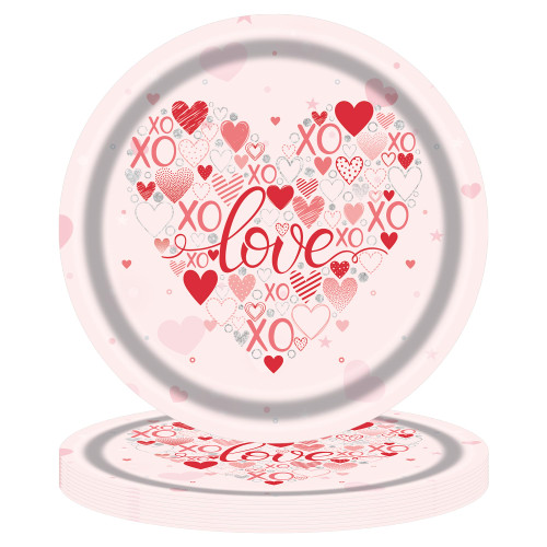 Valentine's Day Paper Plates Lovely Heart XO Disposable Party Supplies Tableware Set, 16 PCS 7" Dessert Plates Dinner Plates Dinnerware for Valentine's Day Weddings Anniversaries Party Decoration