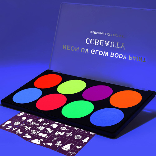 CCbeauty UV Glow in the Dark Face Paint?Water Activated Neon Face Body Paint Palette?Black Light Face Painting Kit with 4 Face Paint Stencils for Halloween Makeup, Non-Toxic Face Paint SFX Makeup Palette CCbeauty UV Glow in the Dark Face Paint?Water Activated Neon Face Body Paint Palette?Black Light Face Painting Kit with 4 Face Paint Stencils for Halloween Makeup, Non-Toxic Face Paint SFX Makeup Palette