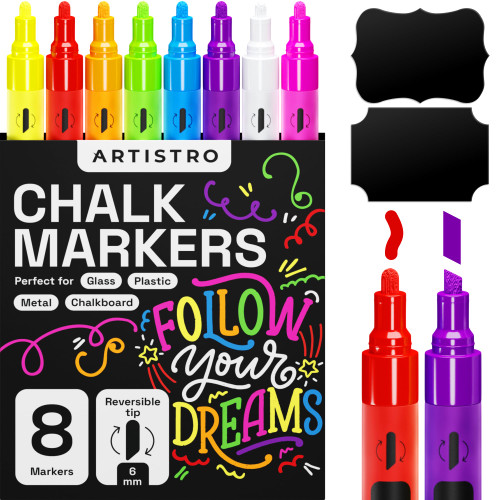 ARTISTRO 8 Neon Chalk Markers - Erasable Chalk Pens with 6mm Reversible Tip for Blackboard, Chalkboard, Car Window, Glass - Liquid Chalk Markers Ideal for Kids & Adults, Restaurants & Bistro ARTISTRO 8 Neon Chalk Markers - Erasable Chalk Pens with 6mm Reversible Tip for Blackboard, Chalkboard, Car Window, Glass - Liquid Chalk Markers Ideal for Kids & Adults, Restaurants & Bistro