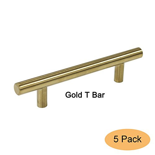 Gobrico Gold Color Drawer Dresser Kitchen Euro Style T Bar Cabinet Handle Pull, 3-3/4"(96mm) Hole Centers, 6" Overall Length-5Packs