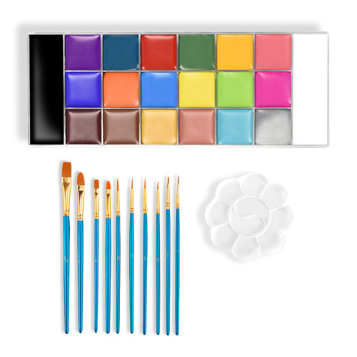 20 Colors Professional Face Body Painting Kit for Kids & Adults,Face Paint Makeup Palette Kit with 10 Brushes and Paint Tray for Halloween SFX Cosplay Party Clown Makeup