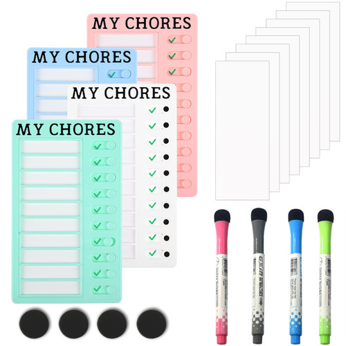 4 Pack Dry-Erase Chore Charts for Kids, Blank RV Checklist Board Plastic My Chore Board Daily Schedule Memo Boards with Erasable Markers and Papers for Multiple Kids Planning