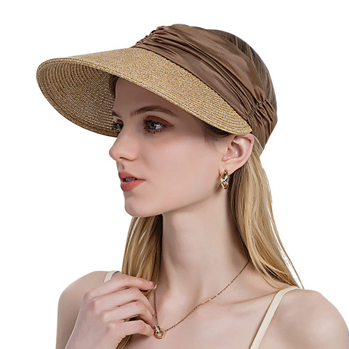 Womens Sun Visor Hat Wide Brim Straw Roll Up Ponytail Summer Beach Hat UV Protection UPF 50+ Packable Foldable Travel Cap Khaki Womens Sun Visor Hat Wide Brim Straw Roll Up Ponytail Summer Beach Hat UV Protection UPF 50+ Packable Foldable Travel Cap Khaki