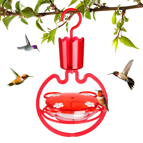 ORIENTOOLS Plastic Hummingbird Feeders 9.5oz - Humming Birds Feeders for Outdoors Hanging with Ant Moat - Wild Bird Feeder with 3 Feeding Ports Hanging for Garden Yard, Red