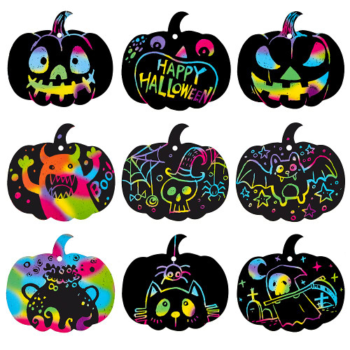 WaaHome Halloween Thanksgiving Scratch Art Crafts for Kids 24pcs Pumpkin Rainbow Scratch Art Paper for Kids School Classroom Game DIY Crafts Halloween Thanksgiving Fall Party Decorations Favors